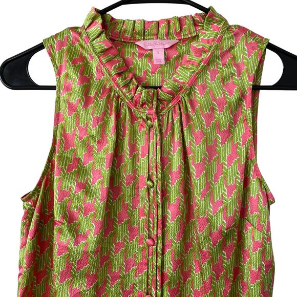 LILLY PULITZER Silk Crissa Blouse Button Front Ruffle Lime Green Pink Size 6 - Picture 2 of 5